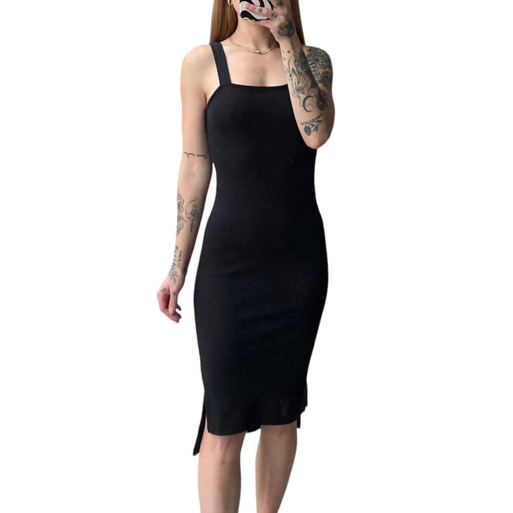 Black Square Neck Ribbed Knit Midi Strappy Bodycon Tank Dress - Size S -  NWT